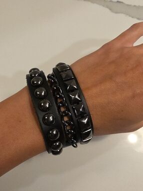 Black Studded & Chain Leather Bracelet Set